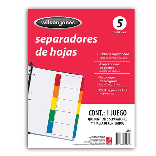 Compra SEPARADOR WILSON JONES P2455 TAMAÑO CARTA CON 5 