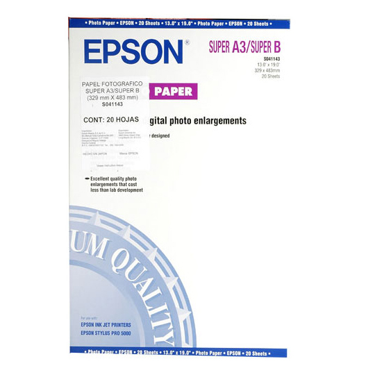 Papel Fotografico Epson Glossy Satinado S041143 TamaÑo Super B 13x 19 Pulgadas 20 Hojas 0431